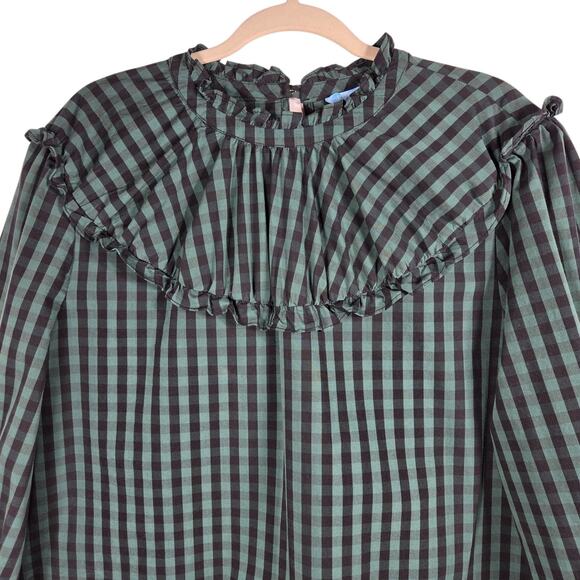 Draper James RSVP Gingham Ruffle Neck Blouse Women’s XL Green Black Check - Picture 2 of 11